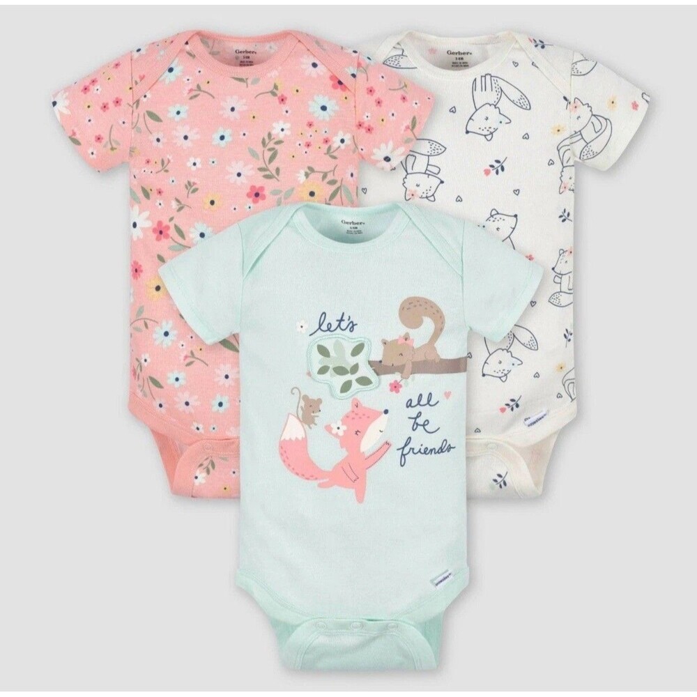 Gerber Baby Girls' 3pk Fox Peach & Mint Short Sleeve Onesies Newborn